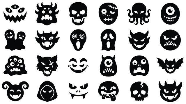 Set of black silhouette featuring spooky monsters, skulls, and halloween faces