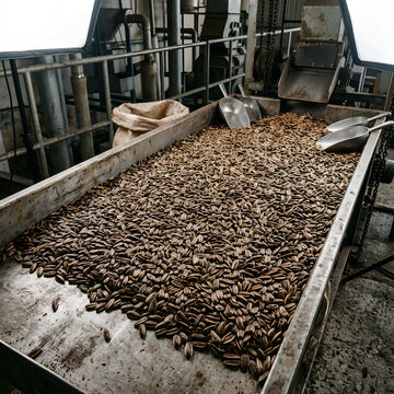 Coffee Beans Processing on Industrial Conveyor Belt in Factory.