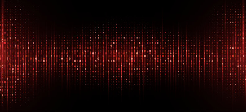 Glowing red binary code background with random digits 0 and 1 representing digital data and coding. Abstract tech backdrop for online webinar presentation. Vector illustration.