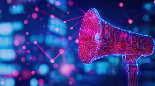 Digital megaphone representing communication and technology in vibrant, futuristic setting. glowing mesh design adds modern touch