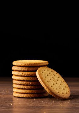 A tempting stack of golden-brown digestive-style biscuits resting on a simple wooden surface. Crunchy textures suggest delicious sweet snacking options ,wholesome ,biscuit ,light