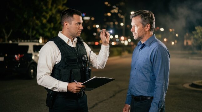 Police officer conducting a roadside sobriety test on a driver at night