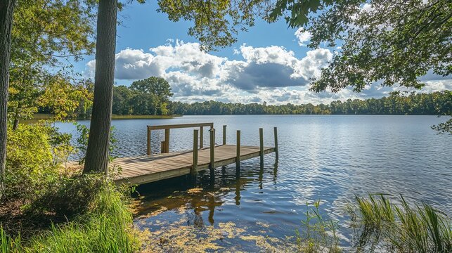 Wooden dock extending over tranquil lake reflecting bright sky, presenting peaceful natural scene, perfect for serene moments