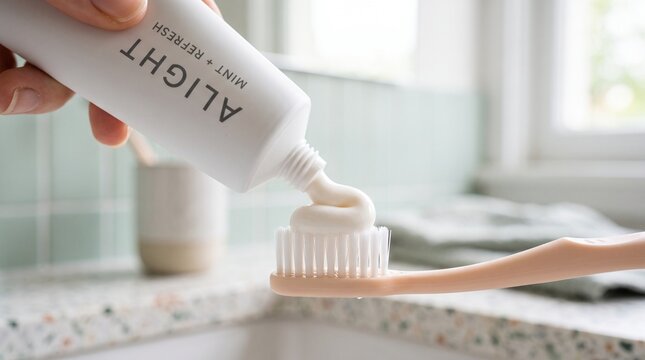 A close-up shot of a hand squeezing white toothpaste from a white tube labeled "ALIGHT MINT + REFRESH" onto a light beige toothbrush with white bristles, set in a bright, modern bathroom setting.