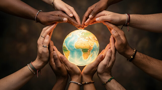 Diverse multiracial hands forming a heart shape around a glowing planet Earth symbolizing global unity and peace