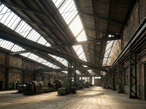 Empty factory floor illuminated by natural light from industrial sawtooth roof skylights