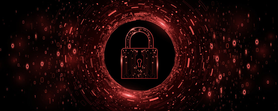 Cybersecurity vector background featuring a glowing red digital padlock with circuit board patterns at the center of a circular tunnel made of binary code, data particles and abstract tech elements.