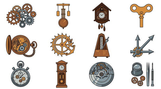 Mechanical Clockwork and Watchmaking Vector Icon Collection
