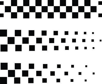 black and white checkered racing pattern vector set. Race flag checker dynamic square grid and finish line halftone elements for modern sports and speed