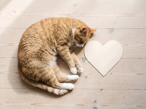 Ginger tabby cat sleeping next to a paper heart on wooden floor