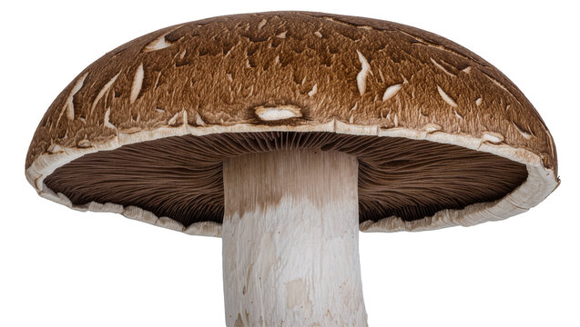 Large brown portobello mushroom with visible gills, isolated on transparent background