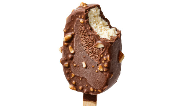 Chocolate covered ice cream bar with almonds bitten, isolated on transparent background