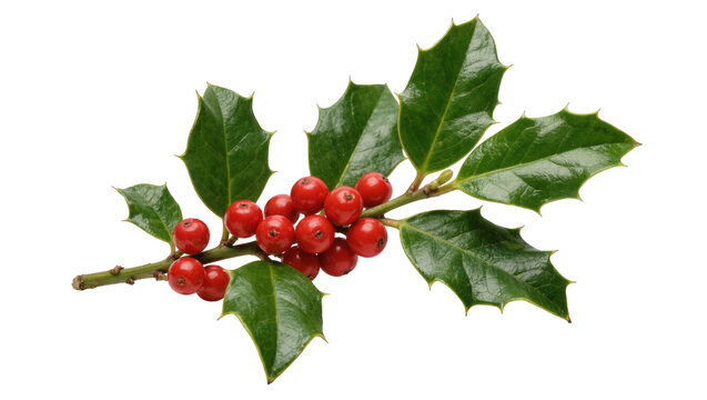 Glossy red holly berries on a prickly green leaf branch, isolated on transparent background