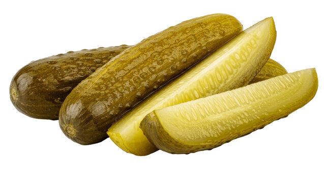Whole and sliced dill pickles, isolated on transparent background