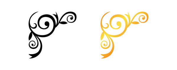 Intricate scroll swirl corner flourish in black and yellow gold for wedding card designs. © SAYEMART