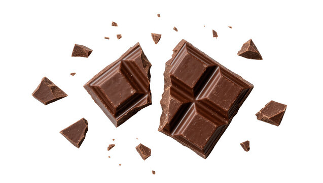 Dark chocolate bar broken into pieces scattered around, isolated on transparent background
