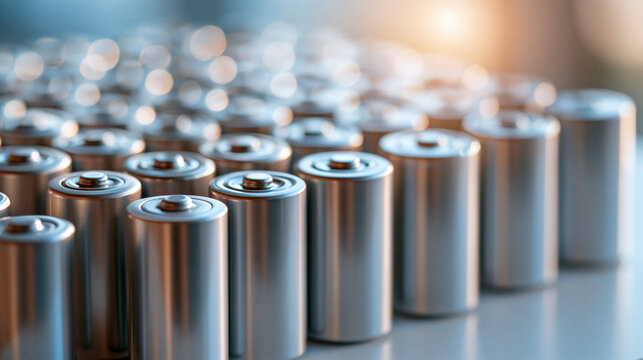 close-up of AA and AAA alkaline batteries arranged in neat rows on a bright clean white surface, precision product photography, soft natural light