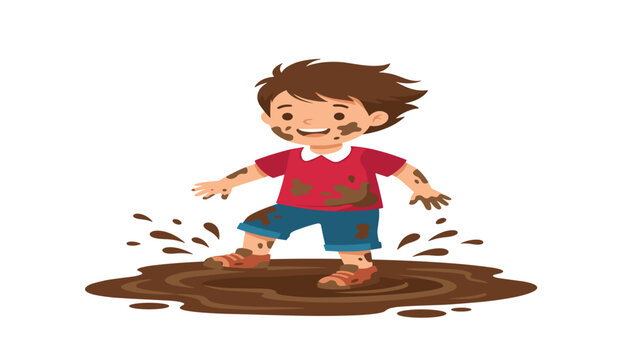 Vector illustration of a happy little cartoon boy jumping and playing in a messy brown mud puddle