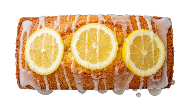 Golden lemon loaf cake with white icing drizzle and fresh lemon slices, isolated on transparent background