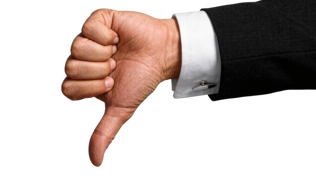 Man s hand in suit with cufflinks giving thumbs down gesture, isolated on transparent background