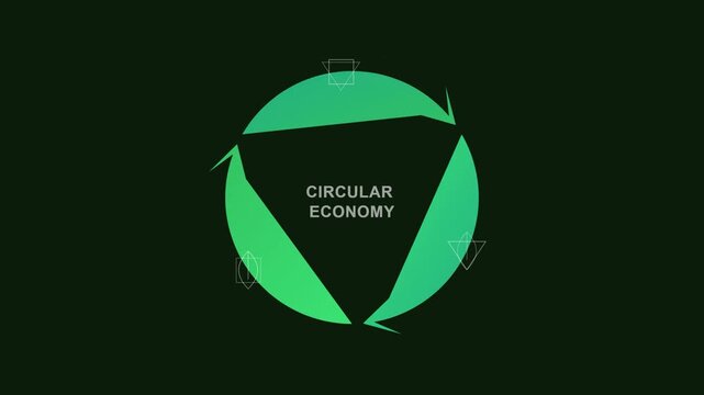 Minimalist motion graphics animation of a green circular economy logo with rotating arrows and abstract geometric icons on a dark background, symbolizing sustainable business and recycling.