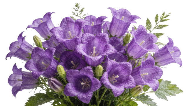 Vibrant purple bellflower blossoms with green leaves, isolated on transparent background