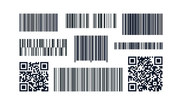 Vector illustration set of black barcodes and QR codes for product scanning and digital identity isolated on white background