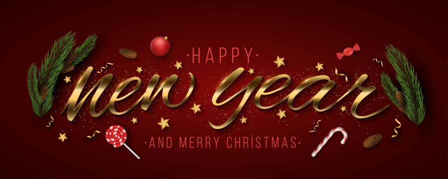 Happy New Year and Christmas banner design on a dark red background featuring golden glitter script text decorated with pine branches, cones, golden stars, candy and confetti. Vector illustration.