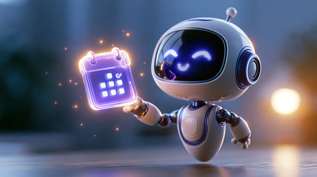 bright friendly white robot character holding a glowing purple calendar icon, cute artificial intelligence assistant scheduling a task, clean well lit studio background
