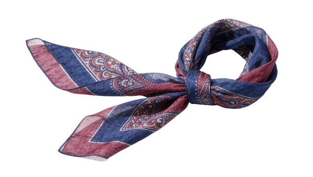 Blue and burgundy paisley patterned silk scarf tied in a knot, isolated on transparent background
