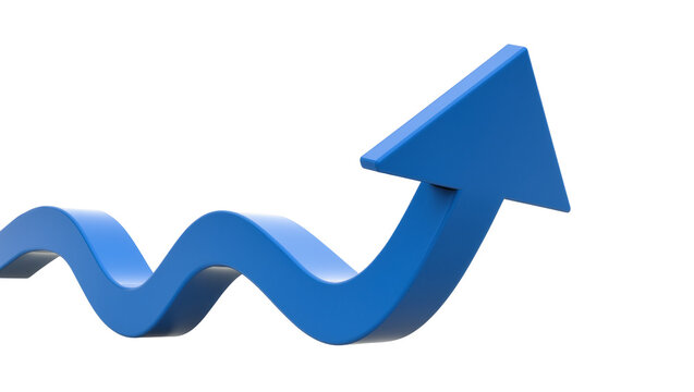 Blue wavy arrow pointing upwards, isolated on transparent background