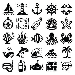 Fototapeta premium Monochrome Pixel Art Ocean Adventure and Nautical Game Icons