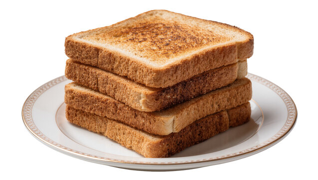 Stack of four golden brown toasted bread slices on a decorative plate, isolated on transparent background