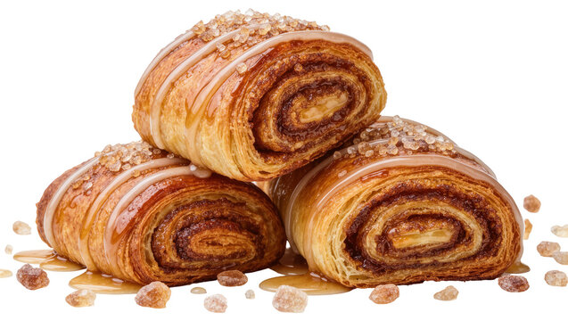 Sweet cinnamon rolls with icing and sugar crystals, isolated on transparent background