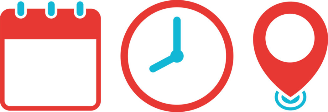 date time and location vector icon set. clock, calendar, and map pin symbols for modern scheduling