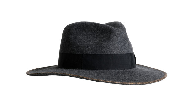 Dark grey felt fedora hat with black ribbon band, isolated on transparent background