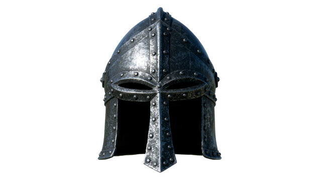 Medieval steel helmet with riveted metal plates, isolated on transparent background
