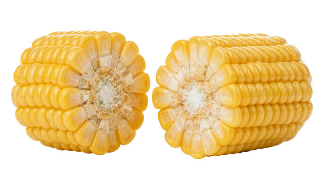 Two halves of a ripe yellow corn cob showing kernels and core, isolated on transparent background