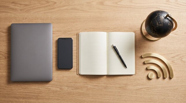 Minimalist flat lay of smartphone, laptop, blank notebook, globe and wireless connectivity symbol on a clean desk, representing universal information access, digital inclusion, technology and educatio