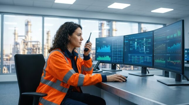 Female industrial engineer using radio in control room with refinery monitors
