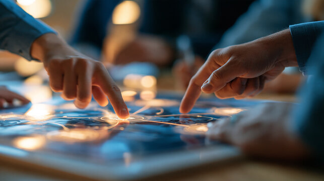 team members' hands pointing at connected process diagram printed on a bright whiteboard, organized collaborative planning session, clean workflow concept