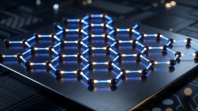 Blue glowing hexagonal molecular structure displayed on a dark semiconductor silicon chip surface with hexagonal lattice blue glow digital chemistry microchip surface tech background abstract mol
