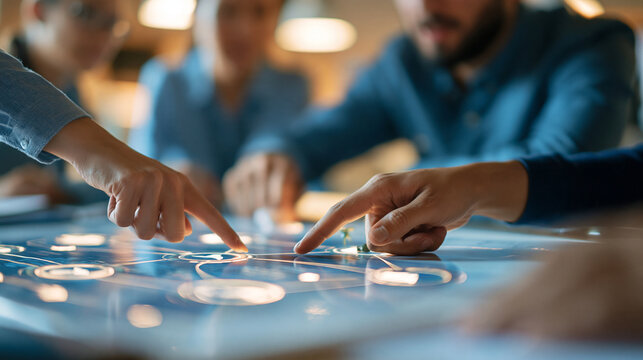 team members' hands pointing at connected process diagram printed on a bright whiteboard, organized collaborative planning session, clean workflow concept