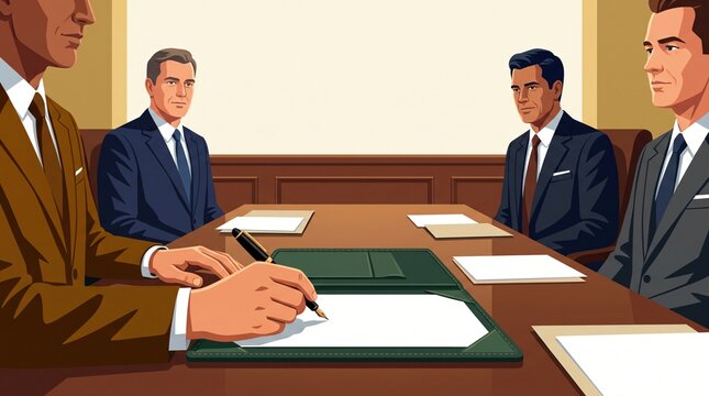 Capital expenditure budget approval corporate finance board meeting review illustration of chief financial officer signing investment agreement paperwork in formal executive boardroom with directors