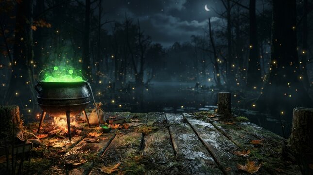 A glowing green magic cauldron bubbling over a fire on a wooden dock in a dark swamp at night