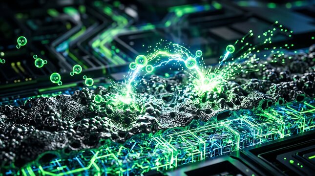 Abstract digital data particles flowing across a complex green circuit board platform with green glowing digital transfer tech environment electronic signals light particles information flow