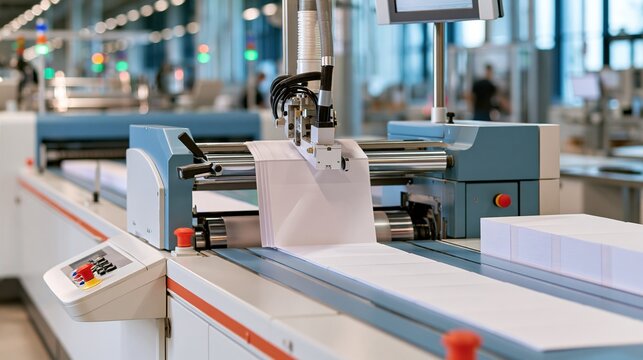 Industrial paper folding machine producing blank booklets with precise stitching in modern factory