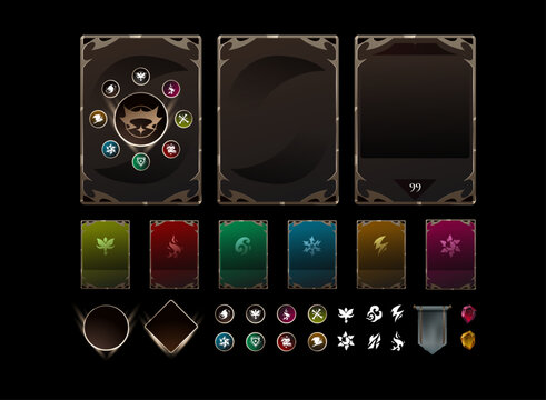 Fantasy RPG front back card template with collectible layouts, class icons, elemental symbols, decorative frames, gems and interface assets for game UI, inventory, profile and trading cards.