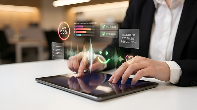 Business professional using a digital tablet with interactive data visualization interface in office