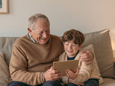 Grandfather and grandson happily looking at a tablet together on the sofa
